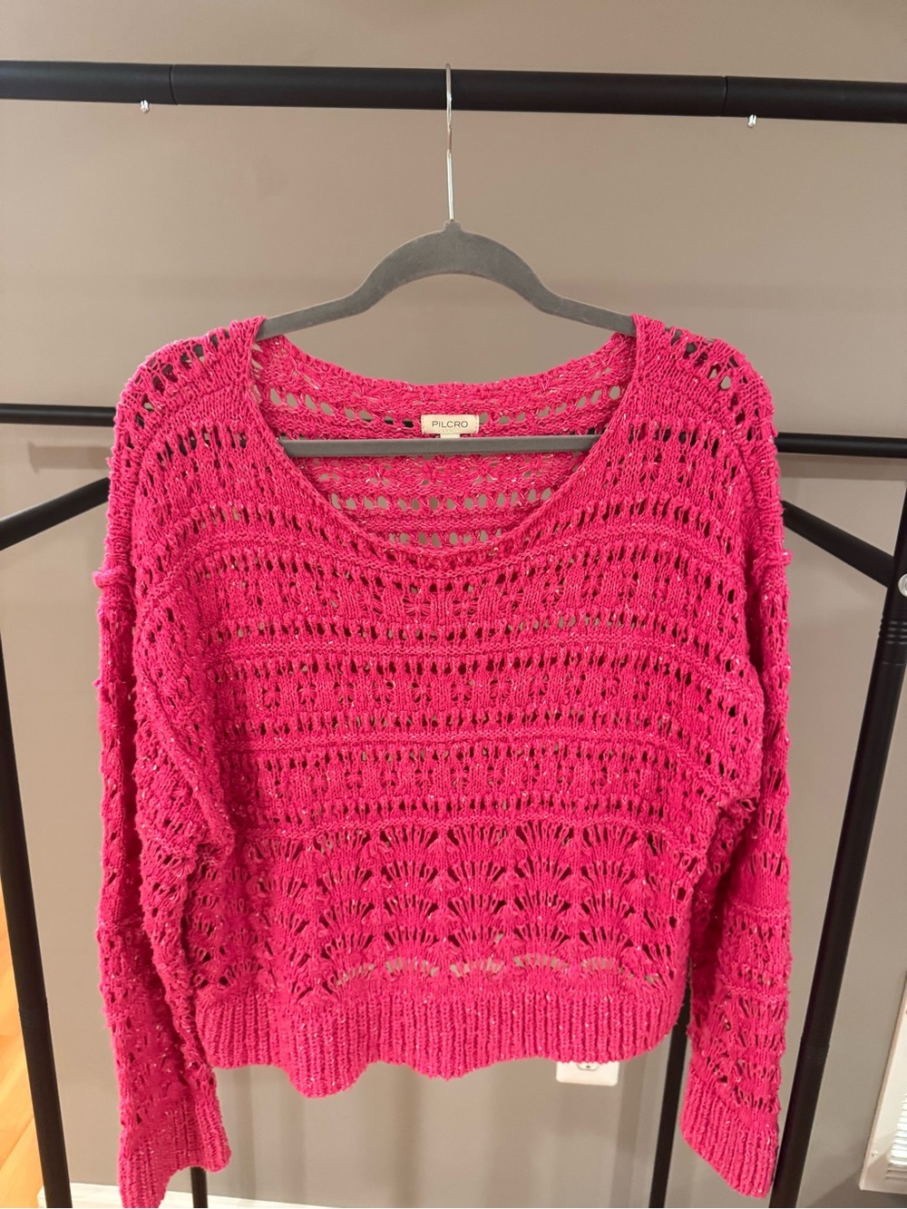 Pilcro Bright Pink Open-Knit Scoop Neck Sweater